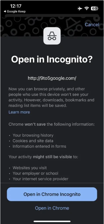 iOS 版谷歌 Chrome 浏览器 108 新特性：外部链接可用隐身模式打开