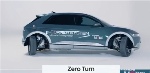 现代摩比斯 e-corner 装车展示：车轮能 90 度转向，可横向行驶、原地 360 度掉头