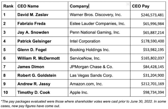 薪酬最高的前 100 位 CEO 榜单公布，蒂姆・库克以 9873 万美元位列第十