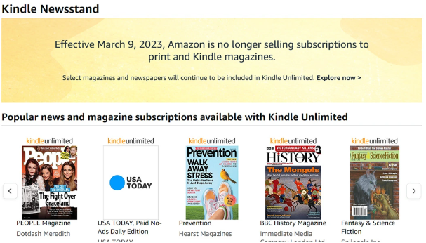 消息称，亚马逊将在2023年9月4日之后停止其Kindle Newsstand服务