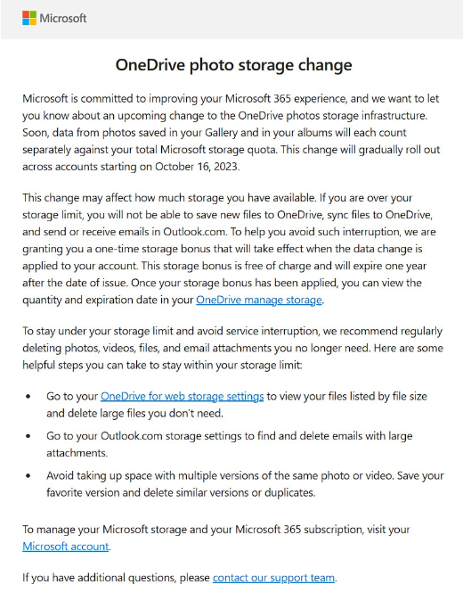 微软将修改OneDrive图片空间计算方式，或导致存储问题