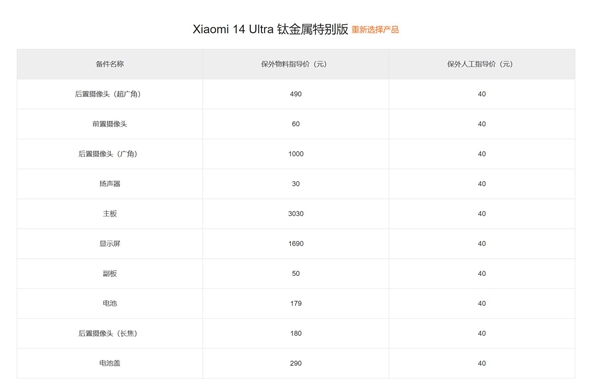 小米14 Ultra钛金属版保外维修价曝光，主板维修竟需3070元